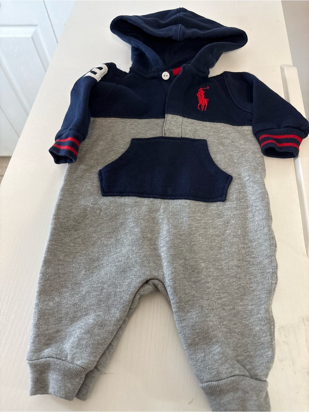 Ralph Lauren Baby Hooded Coverall One Piece Romper 0-3 3 Months Navy Gray Polo